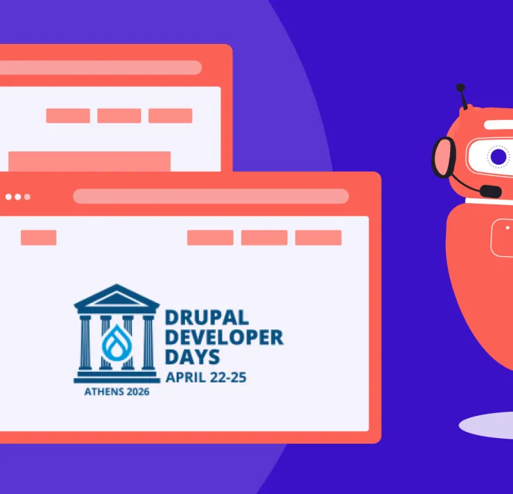 illustration for Drupal Developer Days Athens 2026 featuring browser windows, event branding and an AI robot.