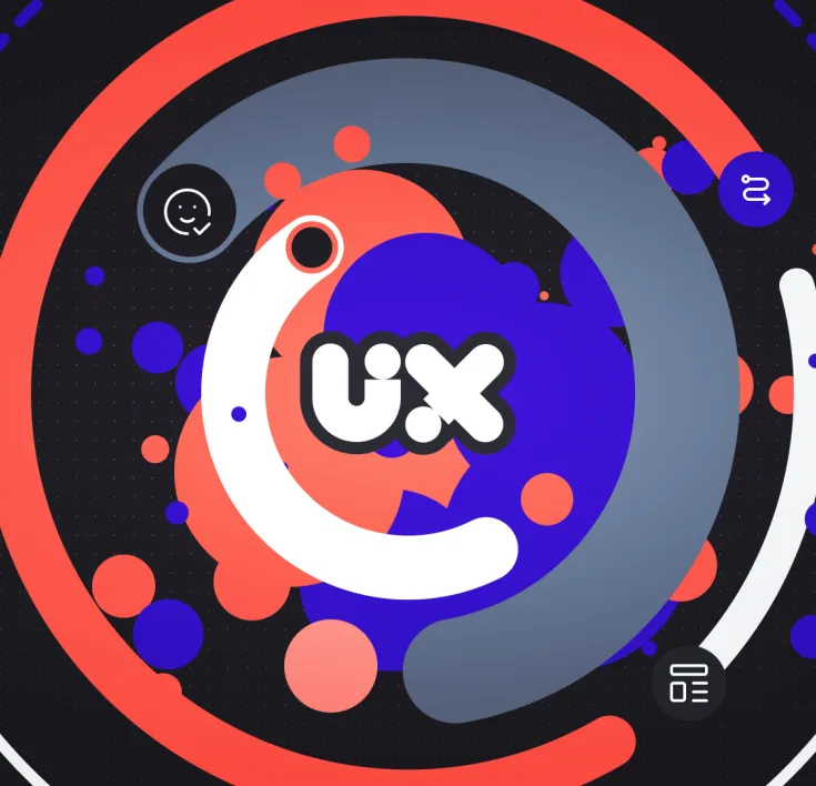 Abstract UX workflow graphic showing interconnected design, research, content, and user feedback elements.