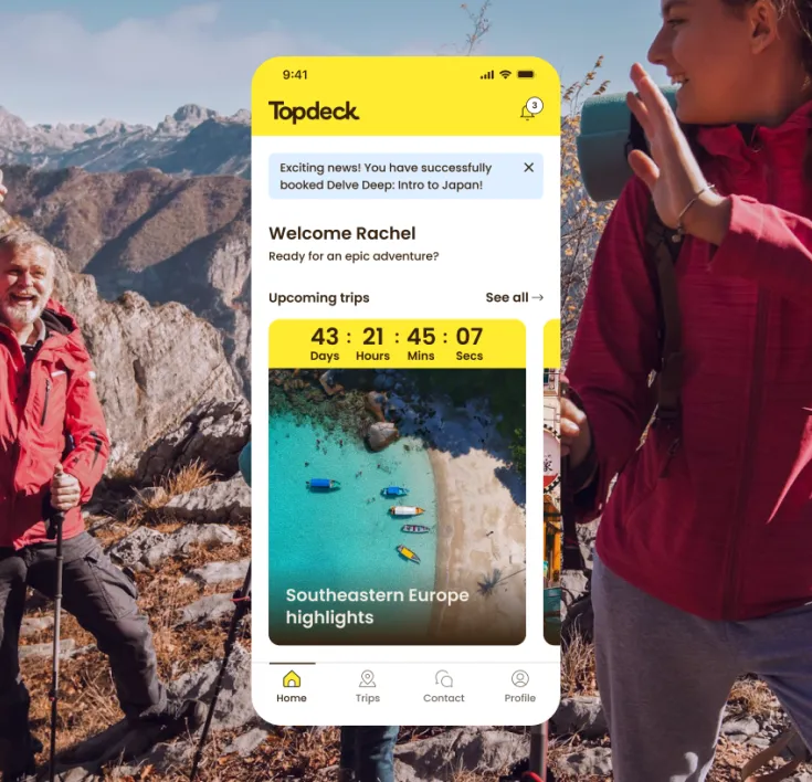 Topdeck mobile view on a background of people climbing a mountain
