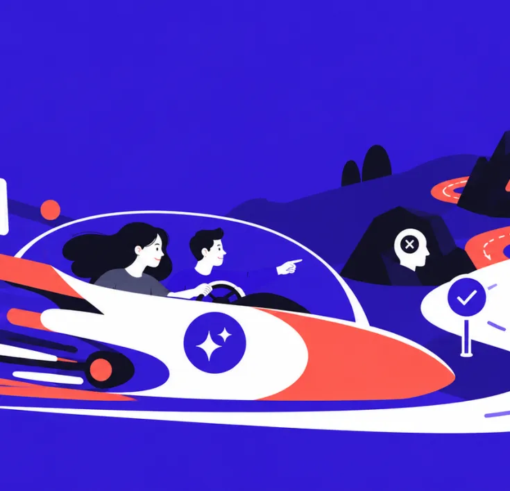 Illustration of an AI-powered delivery vehicle moving rapidly along a winding route, while people steer around risks and checkpoints towards the right destination, representing Agile direction and human oversight