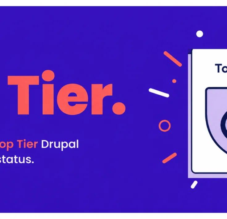 Celebratory graphic announcing Zoocha’s Top Tier Drupal Certified Partner status, featuring the Top Tier Drupal badge on a blue background