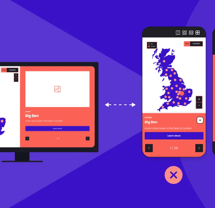 Desktop map interface compared with poor and effective mobile layouts.