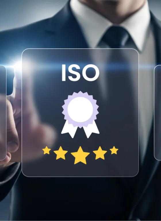 Man in a suit touching a glowing glass screen with ISO certifications on it