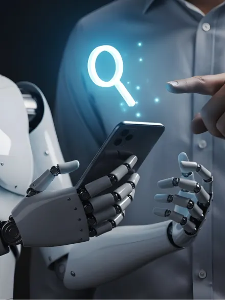 Human and a robot looking at a phone together