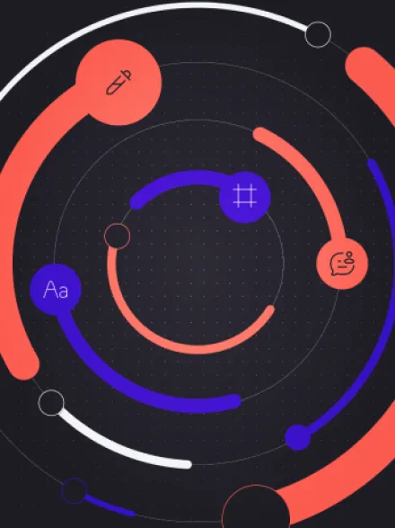 Design graphics of letters, shapes and emoji on a dark background.