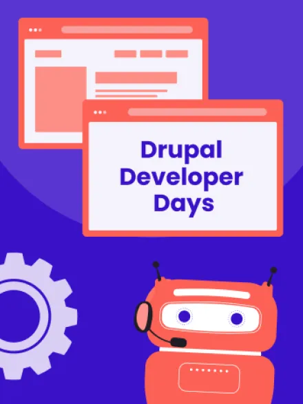 Illustration promoting Drupal Developer Days Athens 2026 with event branding and presentation graphics.