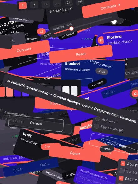 Visual representation of design system sprawl caused by duplicated and inconsistent interface components.