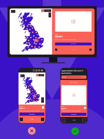 Desktop and mobile versions of an interactive map of Britain, contrasting a cramped mobile layout marked with a cross against a clearer mobile design marked with a tick.