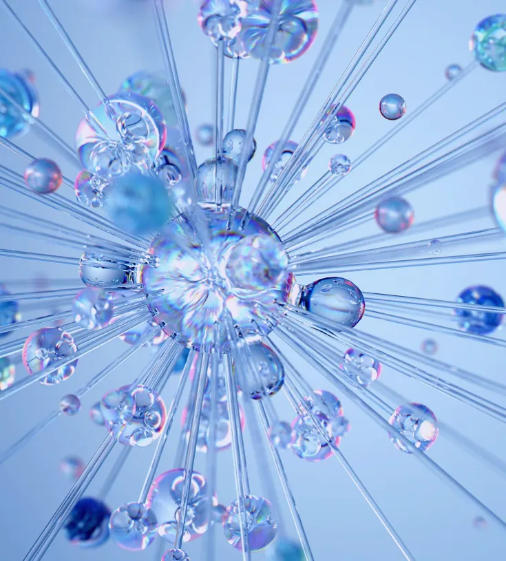 Futuristic, scientific cell exploding water droplets outwards in a pale blue and turquoise colour.