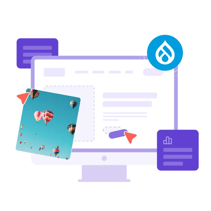 Illustration of a Drupal content management interface with drag-and-drop media and analytics elements